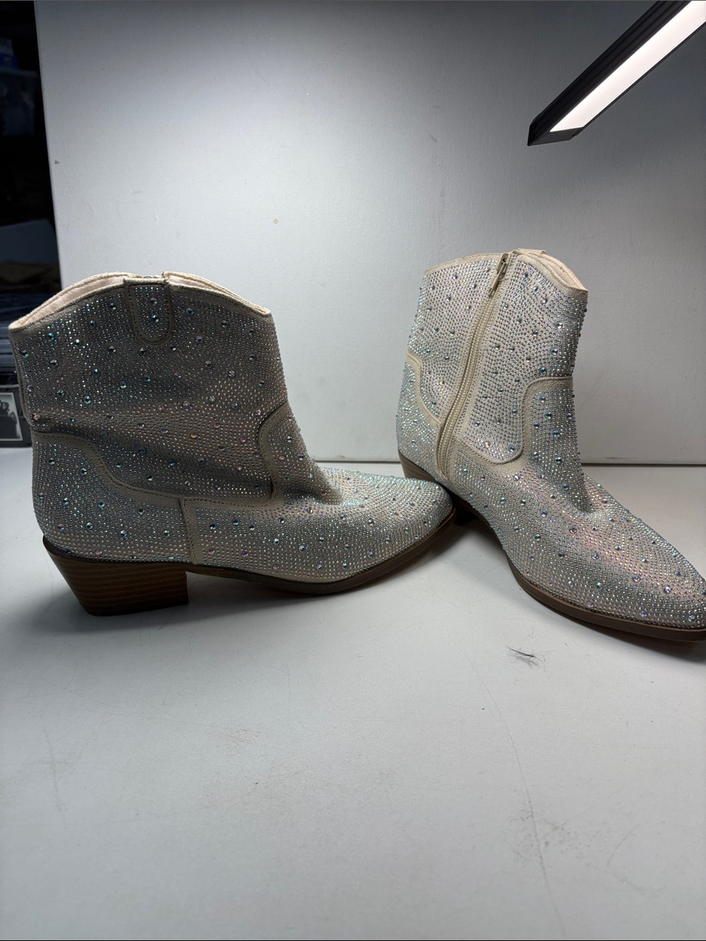Crystal-Embellished Cream Western / Cowboy Booties for Women